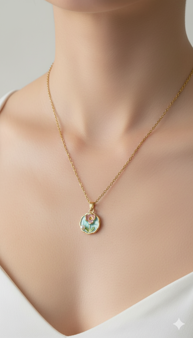 Blue Floral Enamel Pendant