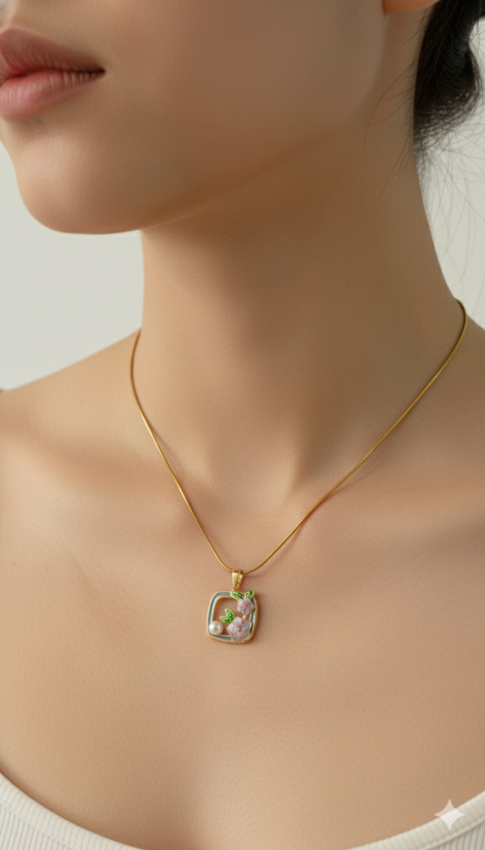 Enamel Floral Square Pendant