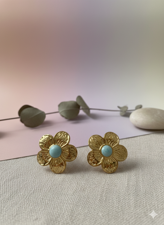Golden Blue Flower Earrings